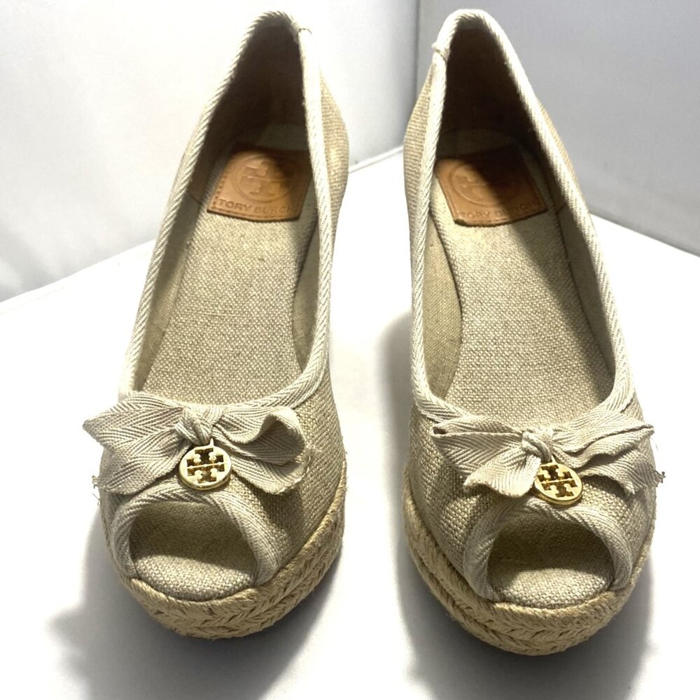 Tory Burch JACKIE Peep Toe Beige Wedge Platform Espadrille Women's Size 7B